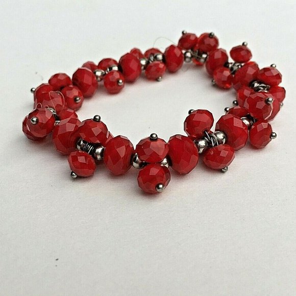 Vintage Faceted Red Glass and Silver Tone Bead Stretch Fringe Bracelet - Picture 4 of 4